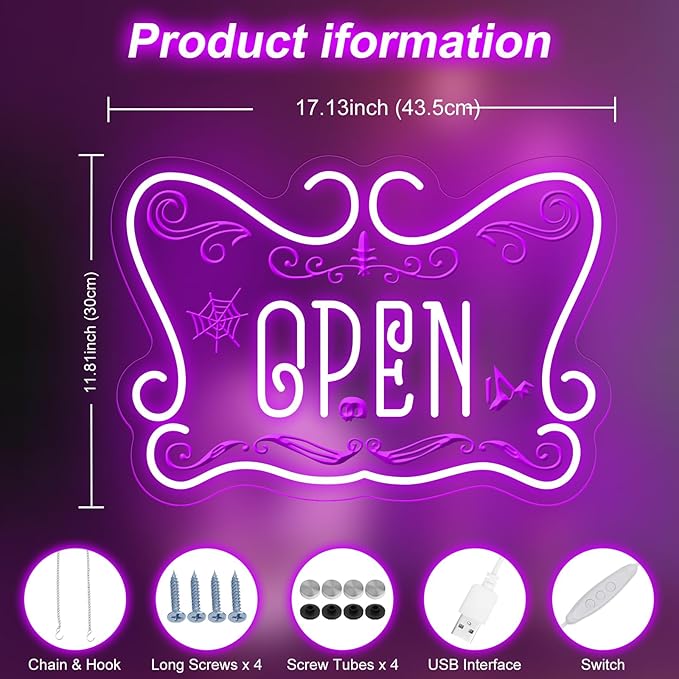 Gothic Open Neon Sign LED Wall Light for Witchy Shop Spooky Café Halloween Decor Crystal Store Tattoo Studio and Mystic Boutique Room Game Kids Room Man Cave Party Decor Party Supply Ba