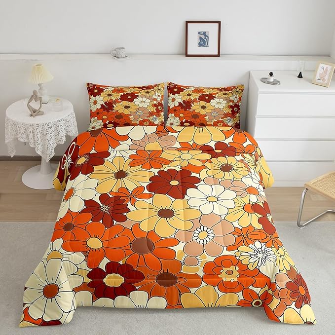 Bohemian Flowers Bedding Set King Size,70s Vintage Floral Comforter Set Room Decor for Couple,Hippie Retro Groovy Botanical Microfiber Down Comforter,2 Pillowcases