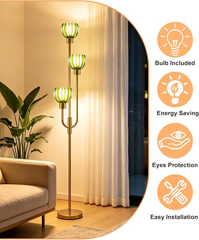Lightdot 3-Lights Modern Glass Floor Lamp Gold Dimmable Floor Lamps with 3000K Warm White Bulbs for Wedding Party 66IN Tall Standing Lamp with Green Glass Shade for Living Room/Bedroom/Home Decor