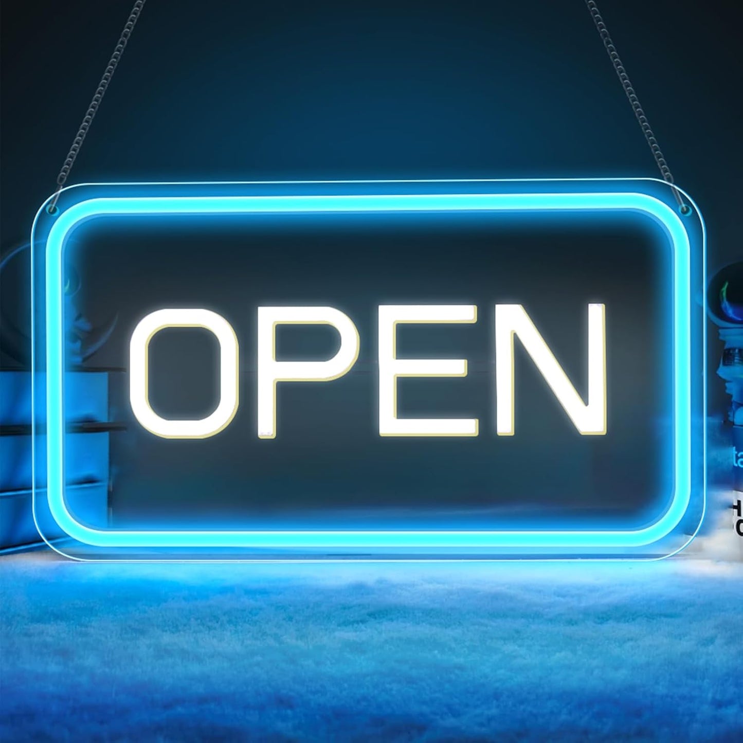 Skiennix Neon Open Sign - Bright 16"x9" COB LED Light with USB Plug & ON/OFF Switch | Ice Blue & White for Business, Shop, Hotel
