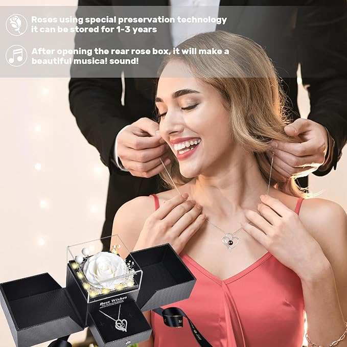 Christmas Birthday Gifts for Women - Preserved Real Rose with I Love You Heart 100-Language Necklace, LED Lights & Music Gift Box, Christmas for Women Girlfriend Mom