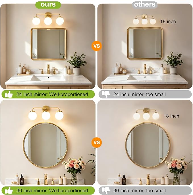 Gold Bathroom Vanity Light Fixtures Over Mirror, 22.4'' Modern Brass 3 Lights Wall Sconce with Milky Glass Ball Shade, Mid Century Farmhouse Vanity Lighting