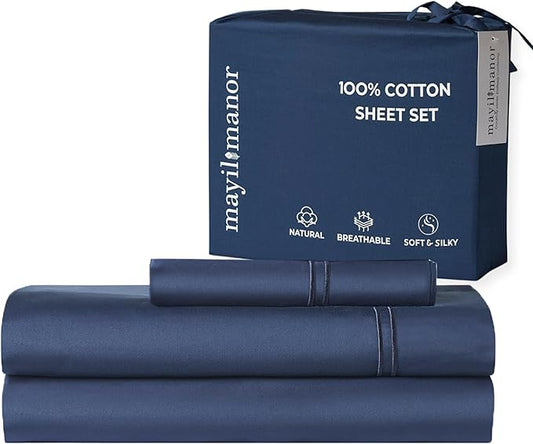 100% Natural Cotton Bed Sheets | 500 TC Single-Ply Sateen Weave Twin Sheets Set | Breathable & Hypoallergenic Solid 3-Piece Bedding with Deep Pocket Fitted, Flat, Pillowcase | Navy Blue