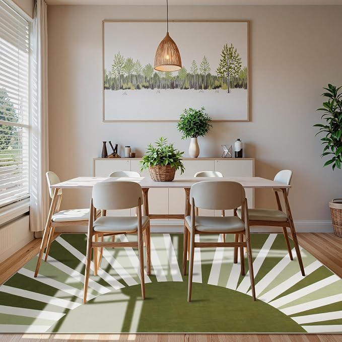 Lahome Washable 8x10 Rug - Non-Slip Living Room Rugs 8x10 Ultra-Thin Large Soft Bedroom Rugs, Boho Rainbow Sun Print Indoor Stain Resistant Floor Rug for Dining Room Table Office (8'x10', Green)