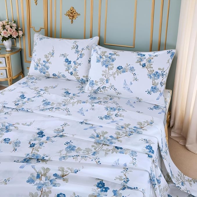 Brandream King Size Sheet Set Luxury Floral Blossom Birds Bedding Collections 800 Thread Count 100% Egyptian Cotton Deep Pocket, 4 Piece White Botanical Branches Blue Flower