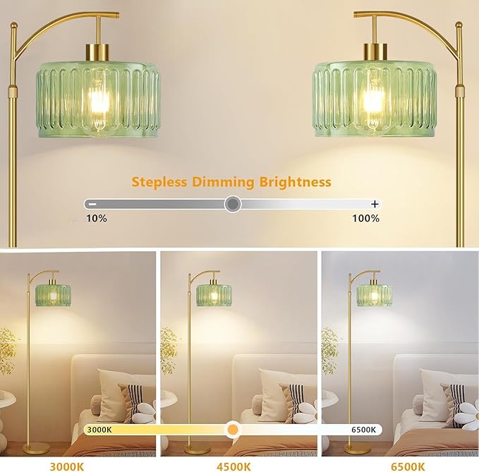 QIYIZM Glass Floor Lamp for Living Room,Bedroom,Gold Dimmable Standing Lamp with Remote,Mid Century Modern Brass Tall Lamp Boho Vintage Retro Floor Lamps Arc Green Flower Floor Light Lamp Bohemian