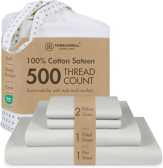 Threadmill Cotton Full Size Sheet Set, Deep Pocket, Fade Resistance, 500 Thread Count, Solid 4-Piece Bed Sheets for Full Size Mattress (1 Flat, 1 Fitted Sheet, 2 Pillow Covers), Light Grey