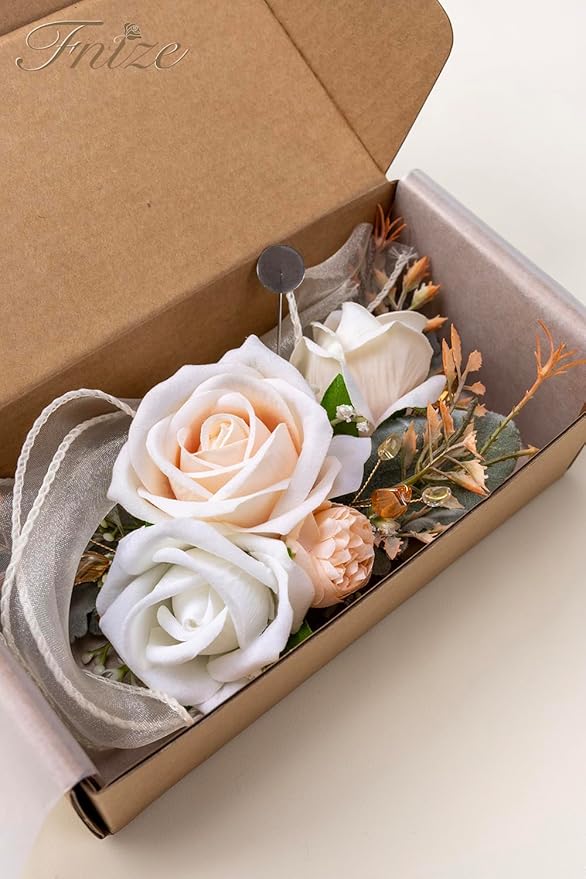 Fnize Champagne Corsage and Boutonniere Set for Bride Groom Bridesmaids Groomsmen Wedding Homecoming Prom Flowers Artificial Rose Boutonniere and Wrist Corsage Flower