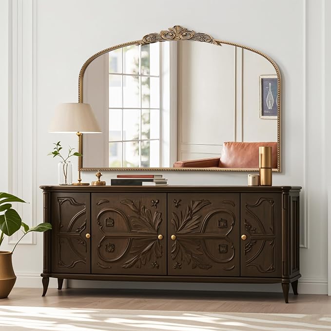 Micasso Large Vintage Gold Mirror: 48"x33" French Baroque Antique Arched Mirror - Traditional Ornate Decorative for Wall/Fireplace/Mantel/Entryway/Bathroom/Hallway - Home Decor for Living Room