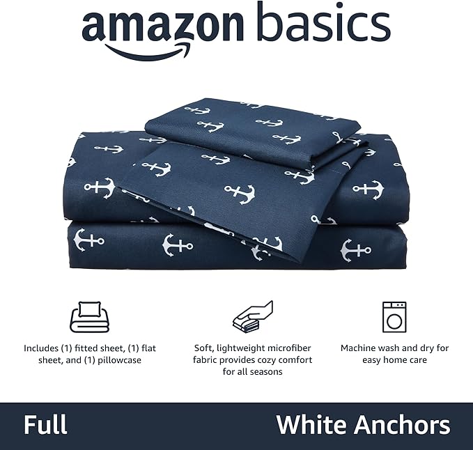 Amazon Basics Kid's Soft Easy-Wash Lightweight Microfiber 4 Piece Sheet Set, Full, White Anchors, Solid