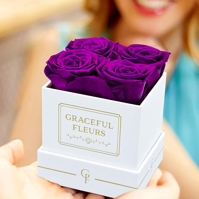 Graceful Fleurs | Real Long Lasting Roses for Years | Preserved Fresh Flowers for Delivery Birthday | Birthday Gifts for Women | Forever Roses in a Box (Purple, White Box, 4 Roses)