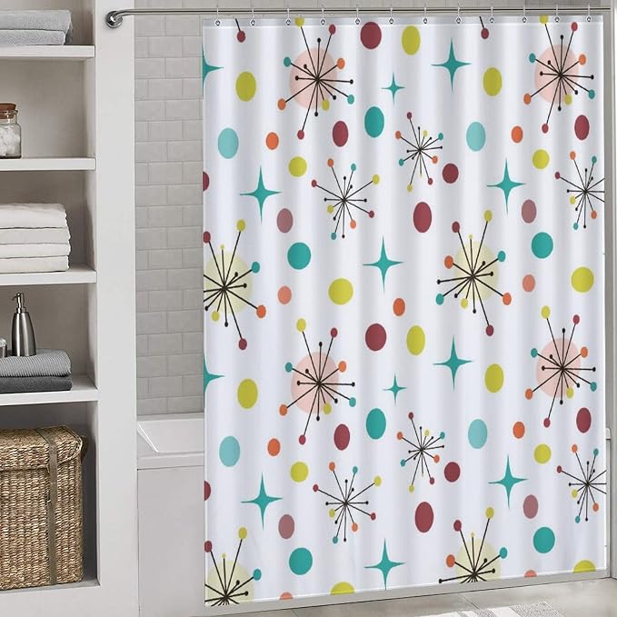 Mid Century Shower Curtain, Geometric Atomic Abstract Iconic Pattern 1950s 1960s Vintage Retro Style Art Pastel Waterproof Fabric Bathroom Shower Curtain Set with Hooks, 72"x72" Inch