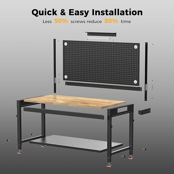 48" Heavy Duty Work Bench Adjustable Height Max Load 2000 LBS with Storage Shelf for Garage Workbench, Rubberwood Tabletop with Pegboard, LED Light, Built-in Power Strip for Woodworking Shop