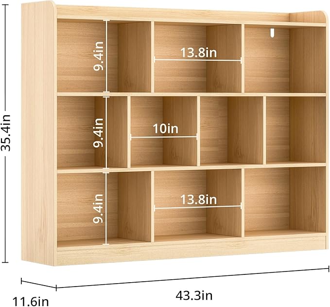 Oak Bookshelf, Wood Bookcase with 3 Tier Open Shelves, 10-Cube Minimalist Storage Shelf for Living Room, Bedroom, 43.3" W x 35.4" H