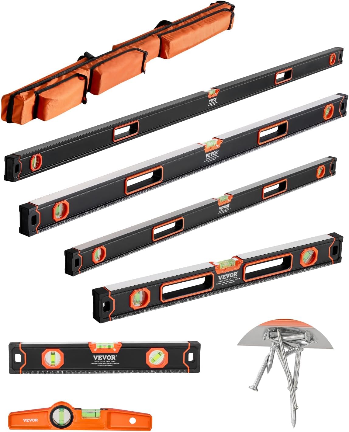 VEVOR 6-Piece Magnetic Torpedo Level Set - Shock-Resistant Aluminum Alloy with Bubble Vials | 10-78 Inch Sizes