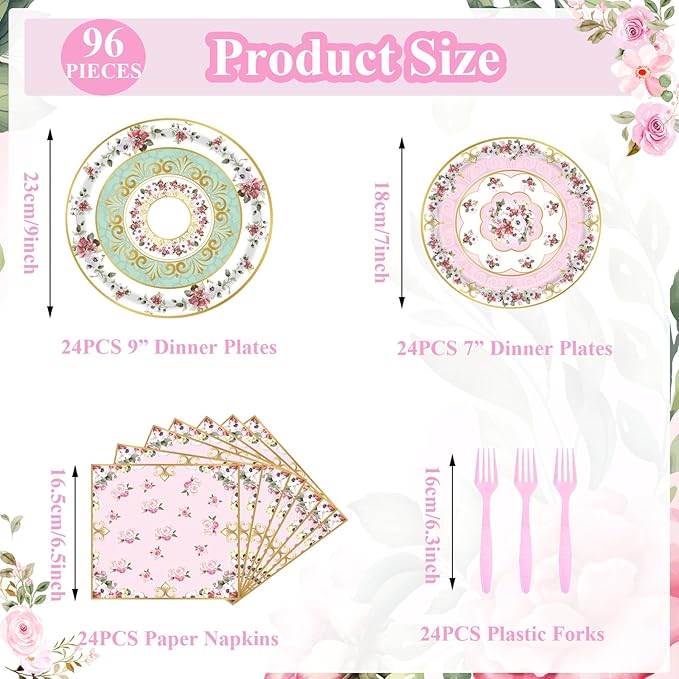 96pcs Floral Party Supplies Flower Paper Plates and Napkins Tableware Set for 24 Guest Floral Party Disposable Paper Dinner Plates Napkins Forks for Birthday Bridal Shower Tea Party Supplies