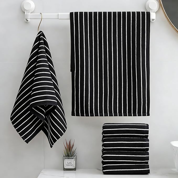 Premium Cotton Striped Hand Towels, White with Black Stripes, 13 x 29 Inches, Lightweight Quick-Dry Absorbent Bathroom Towels, 6 Piece Set (Black)
