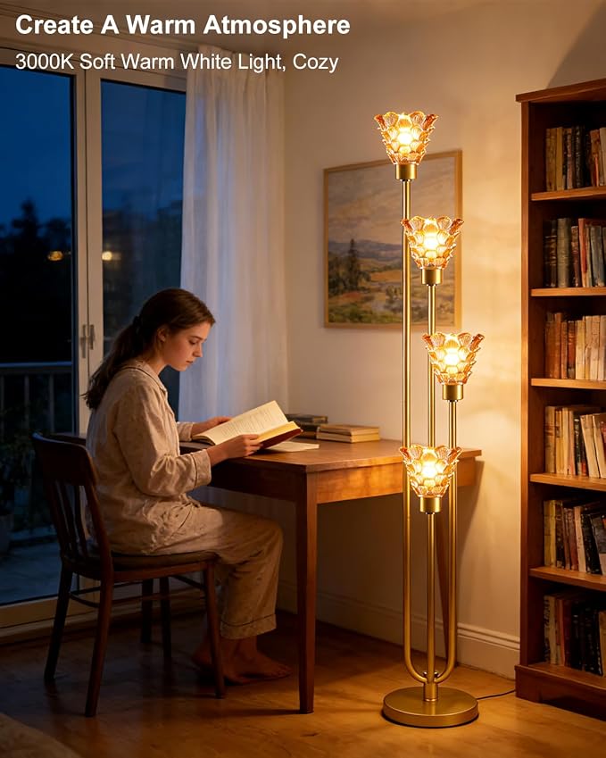 Lightdot Glass Floor Lamp Dimmable 4-Lights Gold with Amber Glass Shade 3000K Bulbs Included Mid Century Modern Standing Tall Lamp with 5Lbs Heavy Base for Living Room/Bedroom/Sofa Beside/Corner Decor