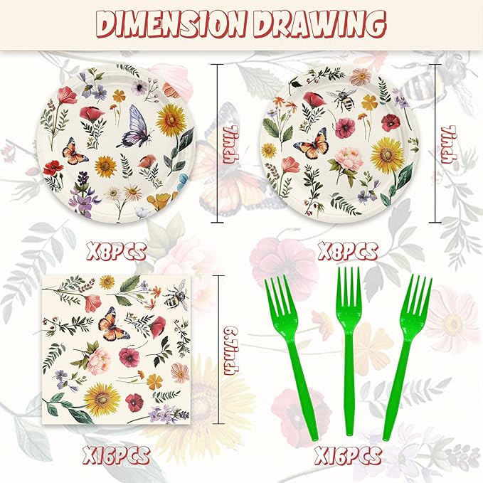 48Pcs Wildflower Birthday Party Supplies Include Plates Napkins Forks for 16 Guests Floral Paper Plates Vintage Flower Tea Party Decorations
