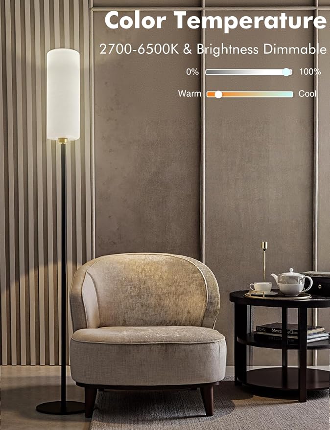 YHW LED Floor Lamp for Living Room with 3 Color Temperatures, Standing Lamp Tall Industrial Reading for Bedroom, Office, 12W LED Bulb, Beige Lampshade Included 68.89‘’