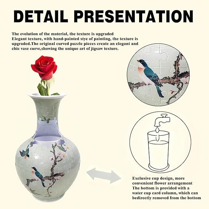 3D Puzzle Vase, 160 Curved Pieces DIY Flower Vase Craft Kit & 3D Puzzles for Adults, Creative Jigsaw Art Project Home Décor Centerpiece, for Women, Mom (Green Plum Blossom & Birds)