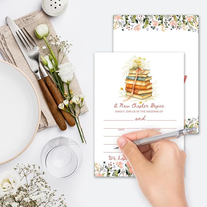 A New Chapter Begins Wedding Invitations, 5"x 7" Flower Book Theme Wedding Invites Card With Envelopes, 25 PCS for Party Decorations and Supplies - A13