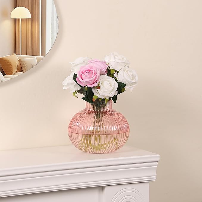 Pink Glass Vase for Tulips, Ribbed Glass Vase for Flowers, Round Flower Vases, Small Short Vases for Living Room, Office, Coffee Table, Shelf, Wedding, 6 Inches