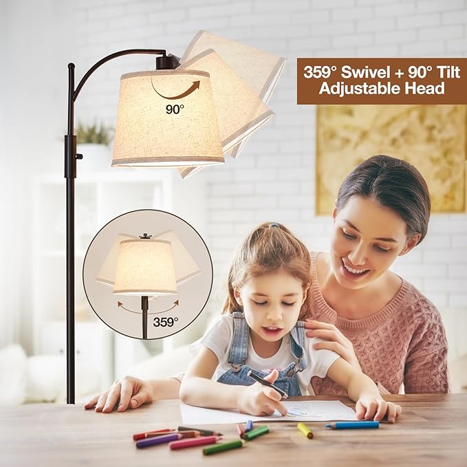 AIDENOEY Fully Dimmable Floor Lamp for Living Room，Standing Lamp Rotary Switch with Table&Linen Beige Shade，Black Tall Lamps for Bedroom with Adjust Head，9W LED Bulb Included