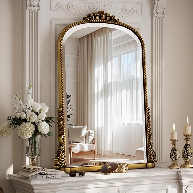 28"×40" Gold Wide Arched Wall Mirror, Vintage Carving Bathroom Vanity Makeup Mirror, as Wall Decor Hanging Leaning for Fireplace Mantle, Living Room, Bedroom, Vanity Area