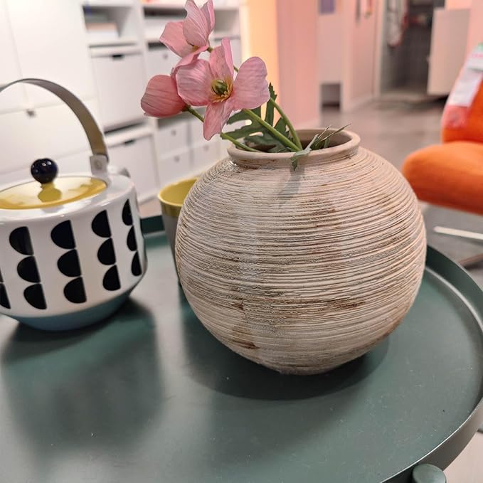 Rustic Ribbed Vase Home Decor - 6.3 in Ceramic Vintage Farmhouse Vases for Decor, Decorative Terracotta Round Bowl vase for Living Room, Table, Shelf, Kichen Decor