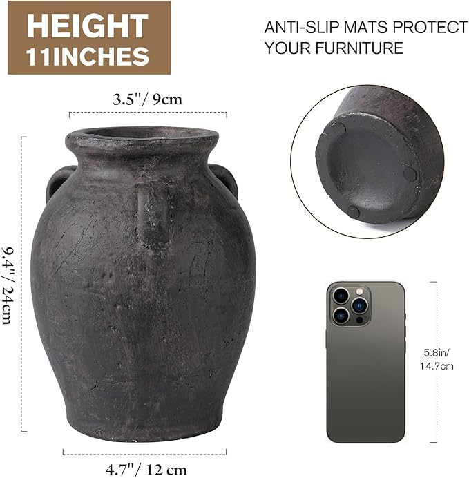 Handmade Black Ceramic Vases 9.5” Matte Antique Decorative Vase with 3-Ear Design Modern Rustic Home Decor for Living Room, Shelf, Table, Entryway – Jarrones Decorativos para Sala