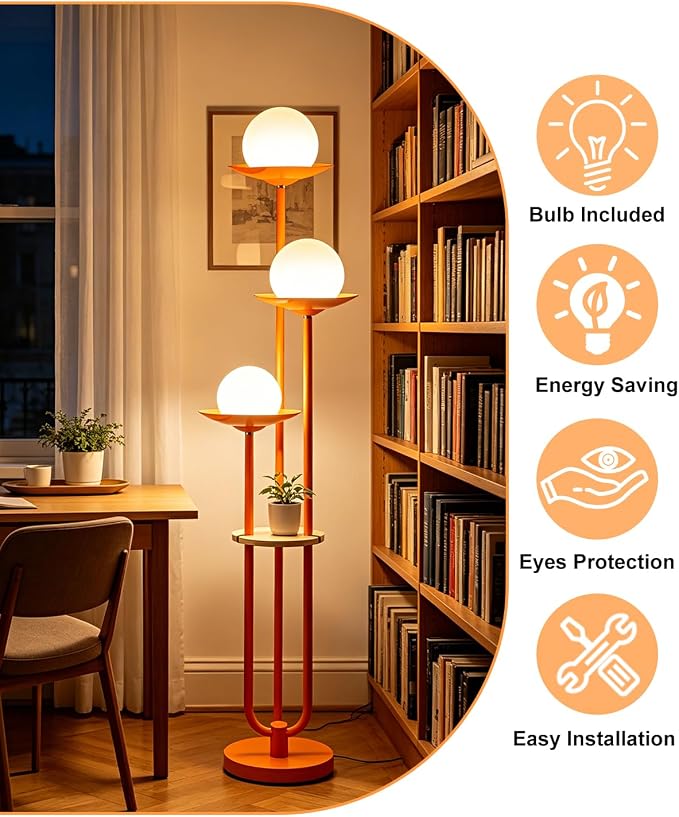 63IN Globe Floor Lamp with Shelf 3-Lights Modern Dimmable Orange Floor Lamps with 3000K Soft Warm White Bulbs for Wedding/Party, Tall Standing Lamp with 5Lbs Heavy Base for Living Room/Bedroom