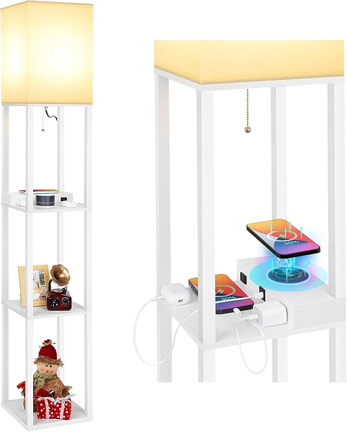 Mlambert Modern Shelf Floor Lamp with Wireless Charger & Fast Charging USB Ports & Type C Port & 2 Power Outlets,3 Tier Storage Lamp for Bedroom,White