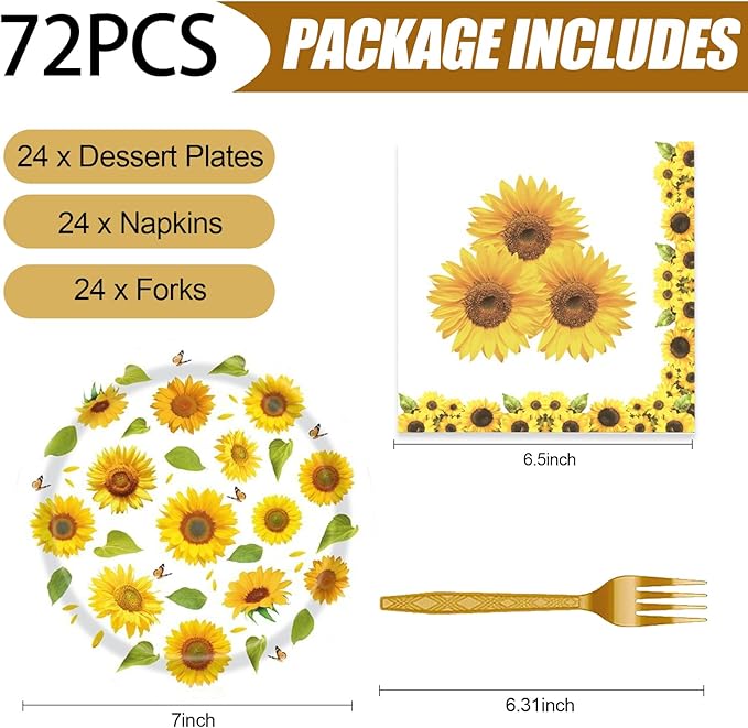 72 Pcs Sunflower Paper Plates and Napkins Party Supplies , Floral Birthday Party Decorations Disposable Party Plates and Napkins Tableware Set for Summer Fall Wedding Baby Shower Serves 24 (Sunflower)