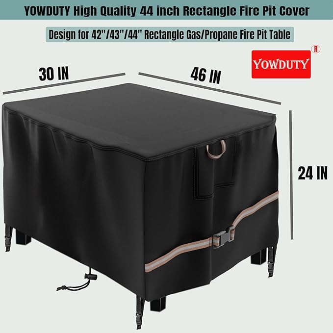 YOWDUTY Rectangular Propane Gas Fire Pit Table Cover 44x28x24 Inch, Waterproof Heavy Duty 600D Rectangle Outdoor Fireplace Cover 44 inch, All-weather Protection For Patio Firepit Table 42/43/44 inch