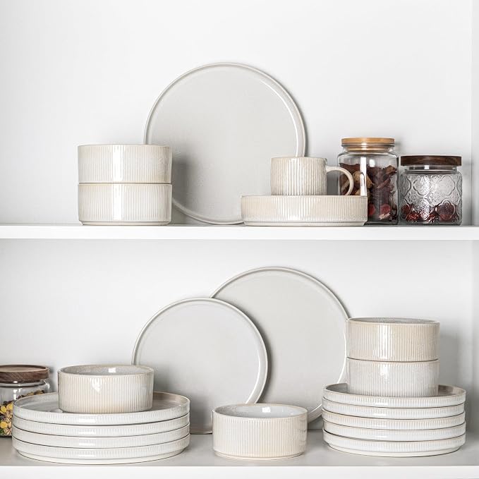 GBHOME 24-Piece Stoneware Dinnerware Set for 8 – Ribbed Ceramic Plates and Bowls, Scratch-Resistant, Microwave & Dishwasher Safe, Reactive Glaze, Sugar White