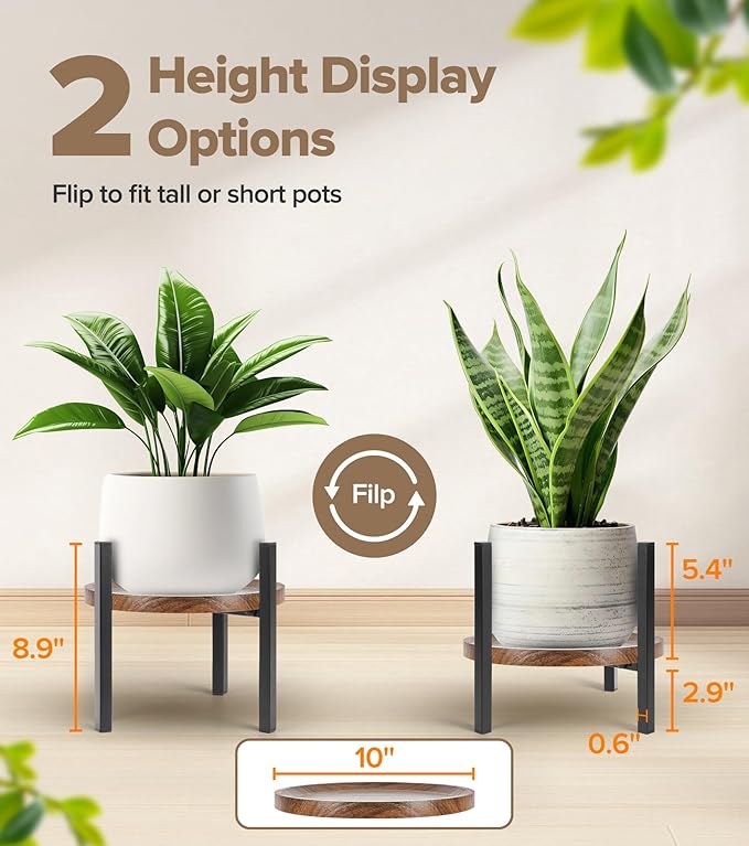 Plant Stand Indoor Adjustable with Walnut Wood Tray, Metal Modern Indoor Plant Stand, Heavy Duty Plant Stands Outdoor Corner, Stable Plant Holder, Fits 8 to 12 Inches Pots, Black, 1 Pack