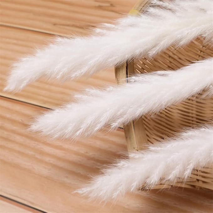White Pampas Grass in Glass Vase with LED Lights & Faux Crystals, Dried Flowers Modern Floral Centerpiece for Home Decors Living Room Office Wedding Boho Farmhouse Table Decor
