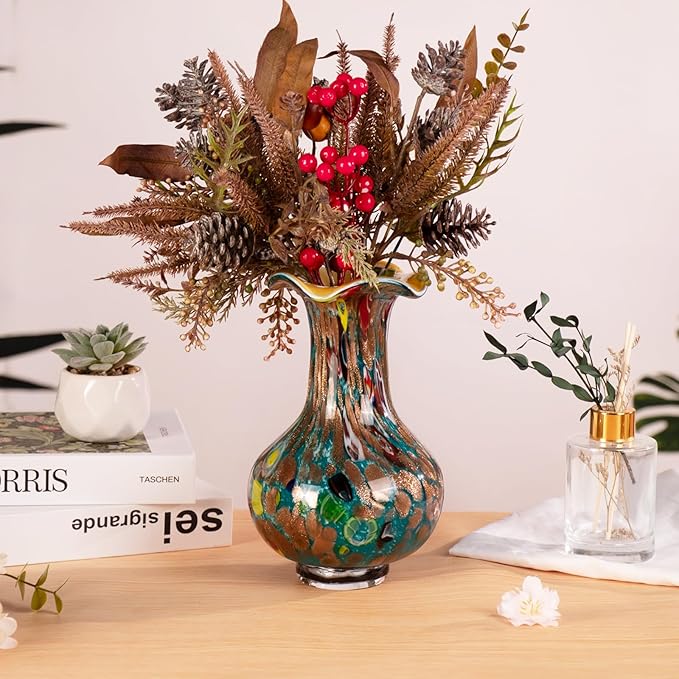 KAMMAK Colored Glass Vase, Beautiful Hand Blown Decorative Vase, Modern Art Vase for Flower Mantle Dining Table Centerpiece, Entryway Living Room Wedding Decoration, FH012