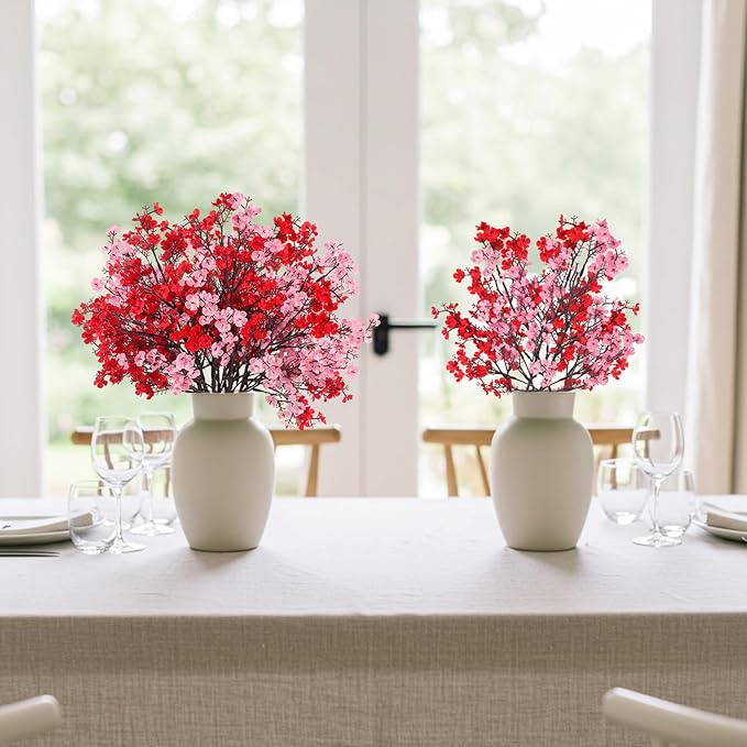 8Pcs Babys Breath Fake Artificial Flowers, Real Touch Red Pink Mix and Match Plants Silk Flowers for Vase Home Office Wedding Mother's Day Indoor Outdoor Centerpiece Table Party Decoration