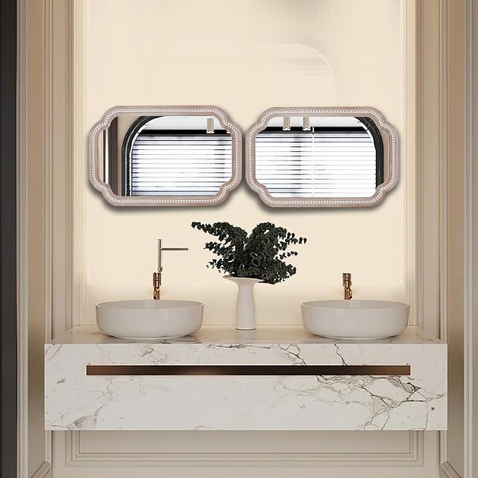 36x24 Inch Boho Wooden Scalloped Decorative Wall Mirror, Rustic Farmhouse Bathroom Mirrors for Over Sink, Entryway, Living Room, Bedroom, Hallway, Vertical or Horizontal