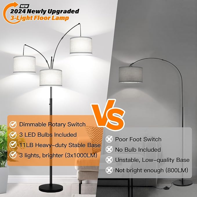 Dimmable Floor Lamp, 3 Lights Black Arc Floor Lamp, Modern Tall Standing Tree Lamp with Grey Linen Shades & Heavy Base, 3000LM LED Bulbs, Bright Lighting for Living Room, Bedroom, Office & Reading