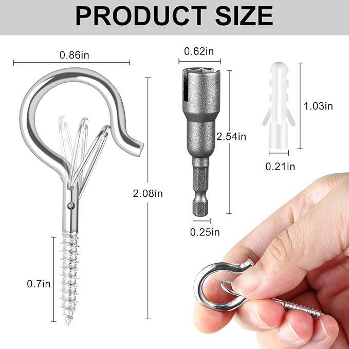 FSAH 50 Pack Screw-in Hooks for Outdoor String Lights, Q Hanger Hooks for Outside, Swivel Hanging Basket Patio Hook with Safe Buckle, Plant Eye Hook for Wall Ceiling with 1 Wing Nut Driver, Silver