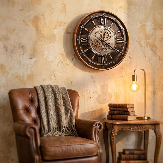 October Elf 24 Inch Wall Clock with Moving Gears Large Industrial Steampunk Metal Clock Antique Gold Oversized Farmhouse Decor Wall Clock for Living Room Home Office(Brown with Roman Numerals)
