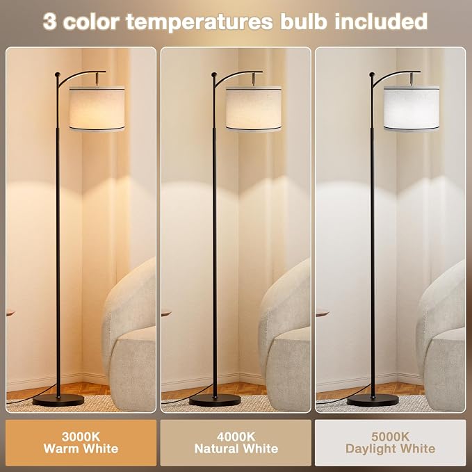 Ambimall 60" Floor Lamp for Living Room with 3 Color Temperatures, Beige Lampshade with Black Stripes, Tall Lamp for Bedroom Office, 9W Bulb Included