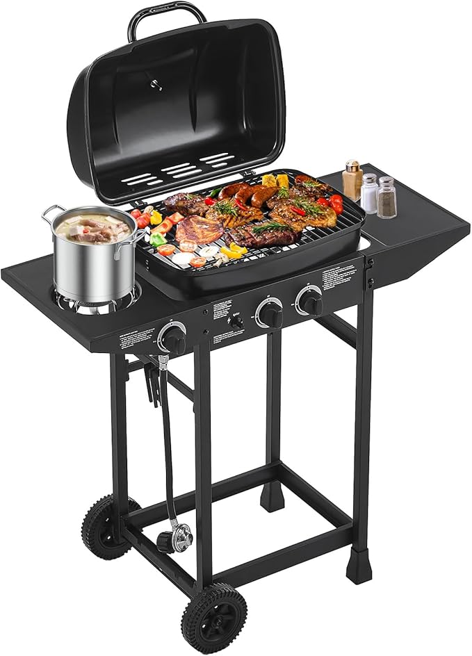 Lyromix 2 Burner Gas Grill with Side Burner, BBQ Propane Gas Grill With Porcelain-Enameled Cast Iron Grates and Bottle Opener, Stainless Steel Grill for Outdoor Cooking, Patios, Backyards, 23800BTU
