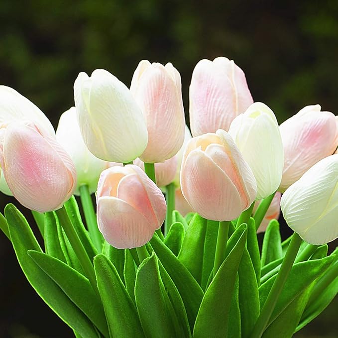 ENOVA HOME 20 Pieces Artificial Real Touch Tulips Flower Arrangement in Glass Vase with Faux Water for Home Decoration (White Pink)