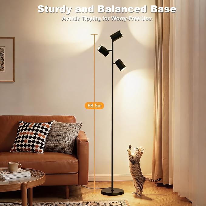 4000LM LED Tree Floor Lamp, 36W Super Bright Reading Lamp with Remote, Dimmable Tall Standing Light with 3 Rotatable Heads & 6 Color Temperatures, Modern Floor Lamps for Living Room Bedroom Office