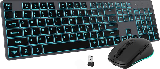 Backlit Wireless Keyboard and Mouse Combo, Rechargeable Quiet 2.4G Cordless USB Slim Full Size for Apple iMac, MacBook, laptop and PC, Space Gray