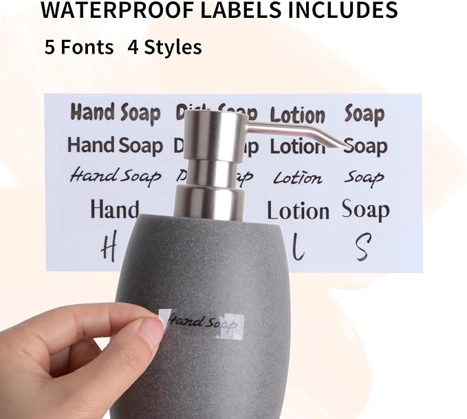 Clasin Home Sandstone Textured Resin Soap Dispenser with Metallic Pump and Waterproof Bottle Labels for Bathroom Kitchen Dish Hand Wash Shower Lotion Shampoo, 12 Oz, Gray